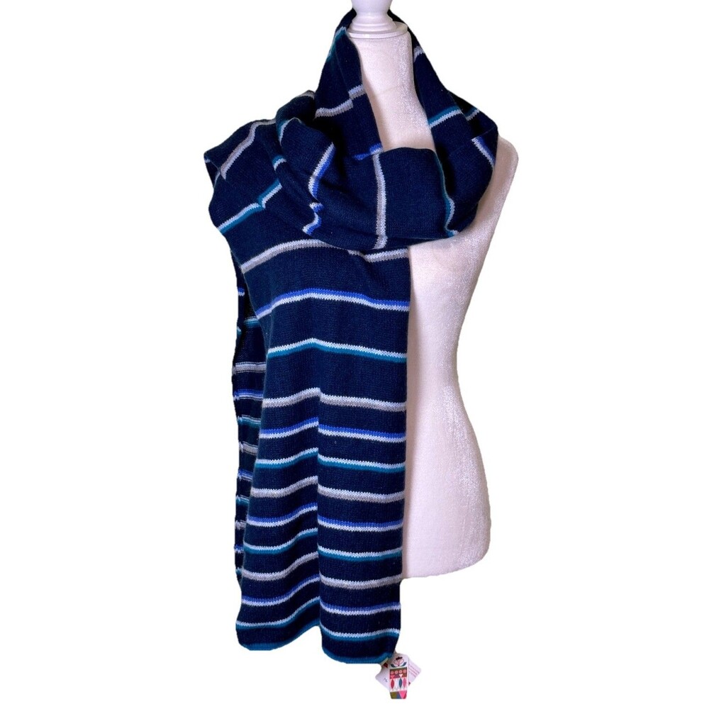 HALOGEN Wool Cashmere Blue Striped Scarf Capsule Wardrobe Old Money Quiet Luxury
